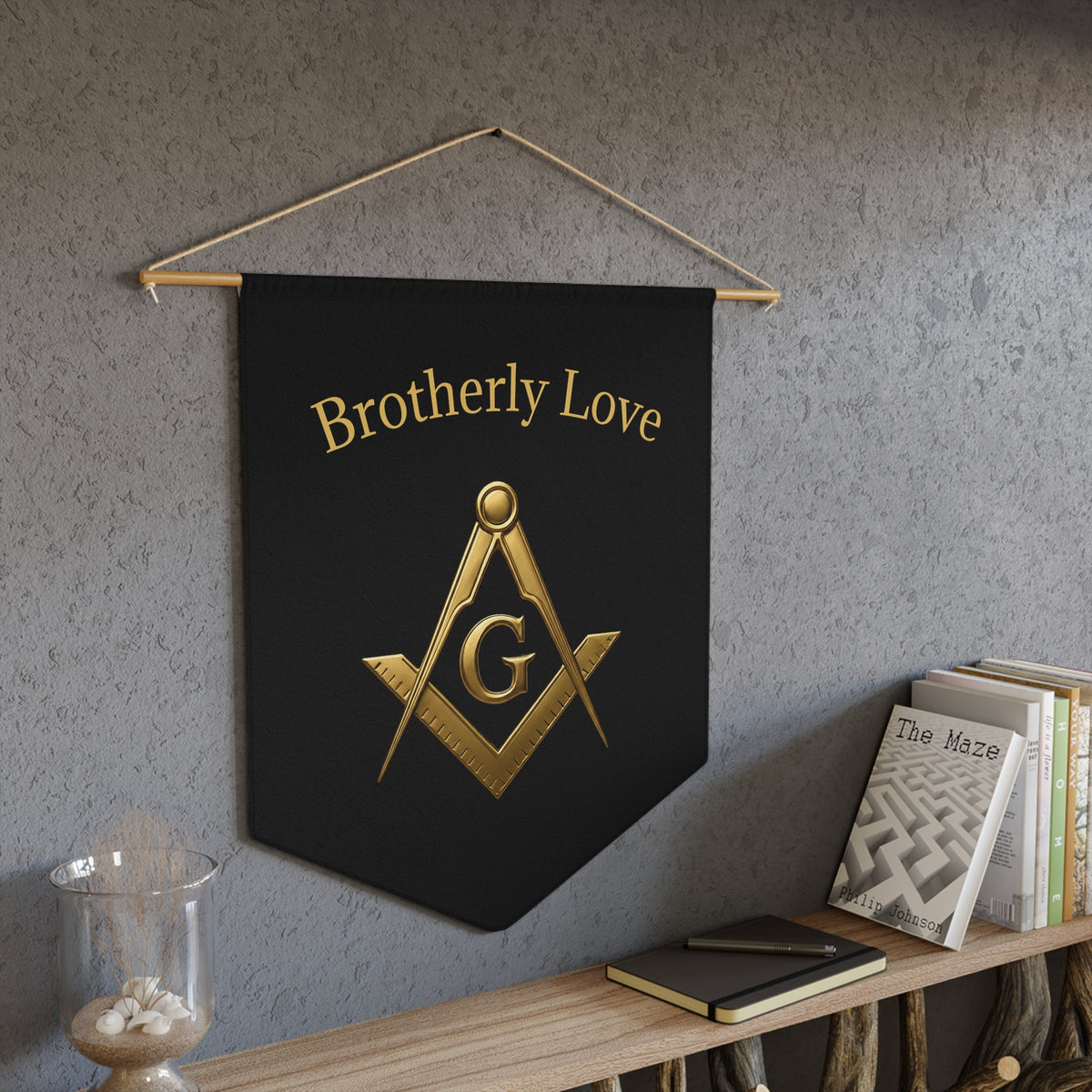 Master Mason Blue Lodge Pennant - Square & Compass G with Brotherly Love Motto - Bricks Masons