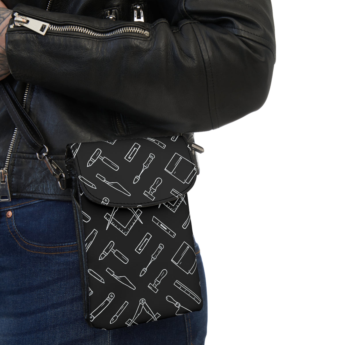 Master Mason Blue Lodge Cell Phone Wallet - Masonic Tools Black Microfiber Leather - Bricks Masons