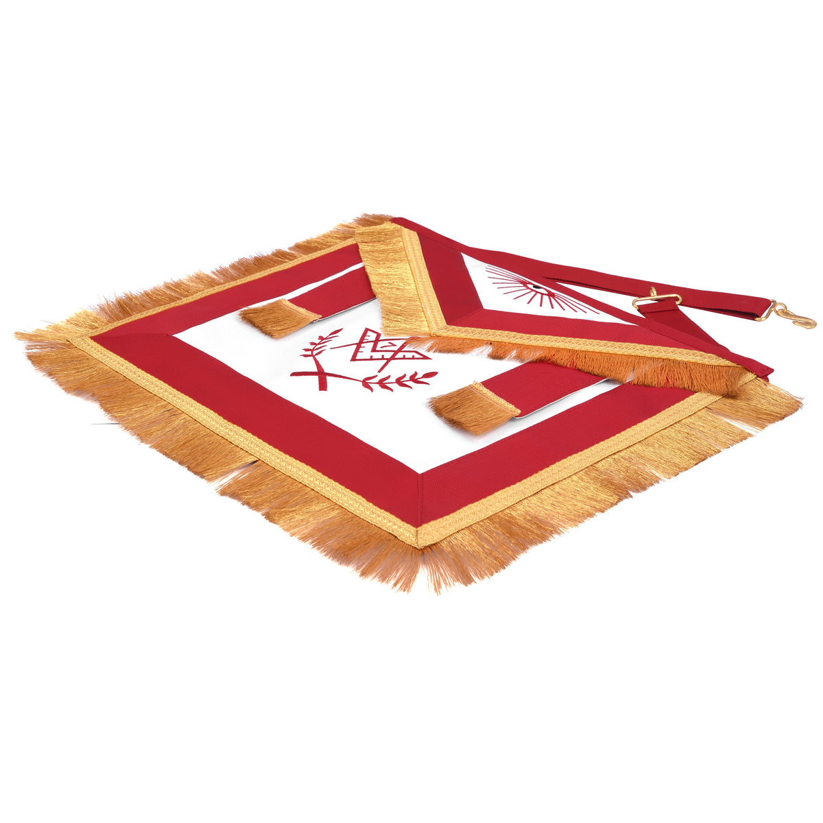 Master Mason Blue Lodge Apron - Red Ribbon Golden Bullion With Wreath & Fringe - Bricks Masons