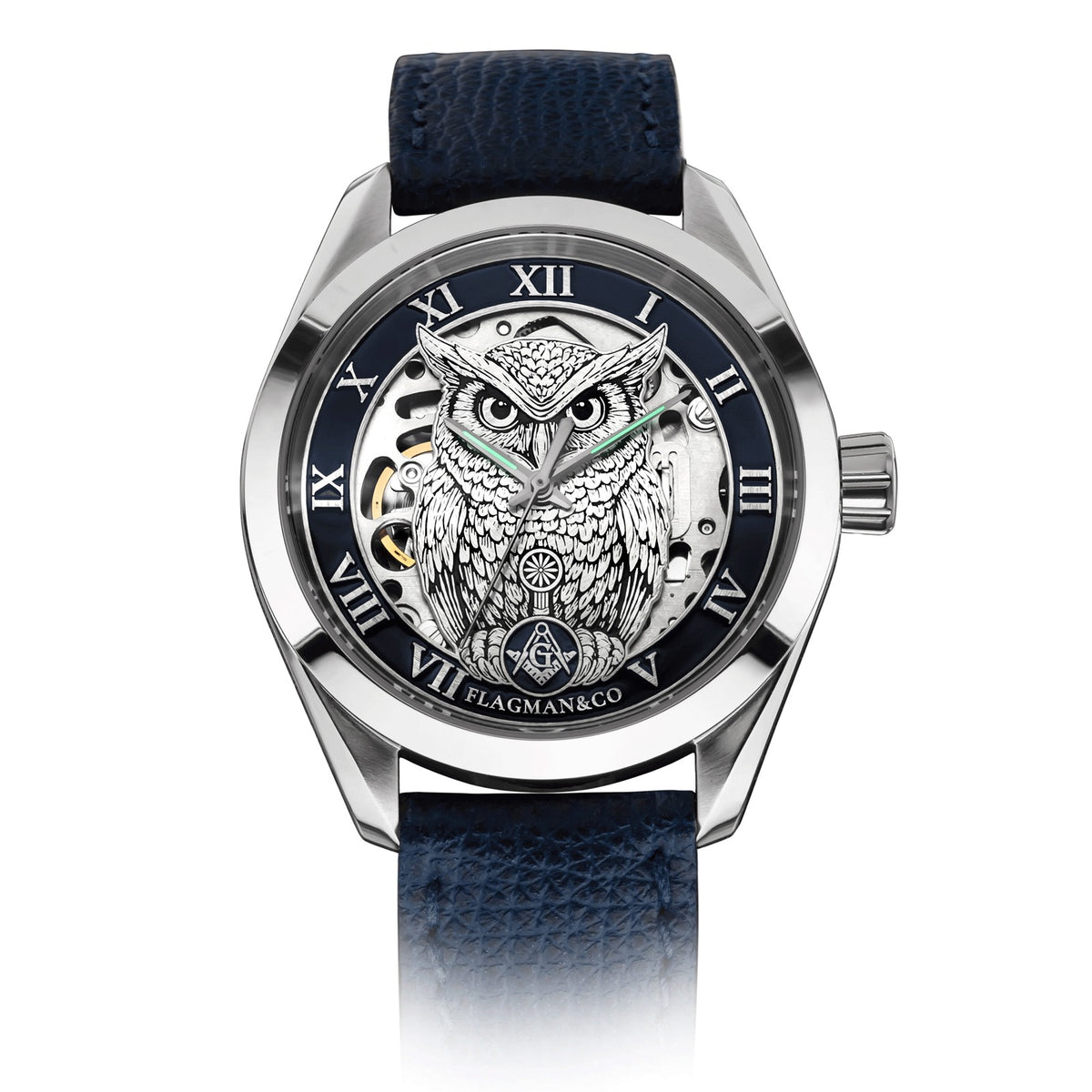 Reloj de pulsera Master Mason Blue Lodge - Búho con bisel azul, escuadra y compás G