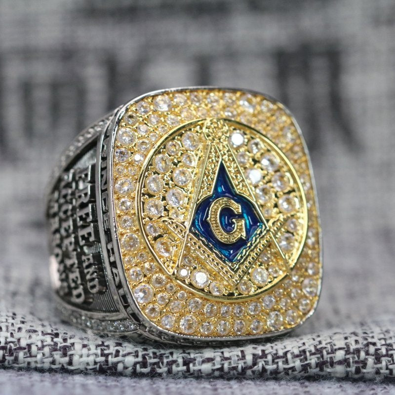 Master Mason Blue Lodge Ring - Prince Hall 18k Yellow Gold Plated Face - Bricks Masons