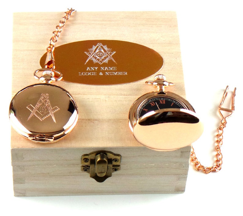 Master Mason Blue Lodge Pocket Watch - Custom Engraved 18k Rose Gold Full Hunter Emblem - Bricks Masons