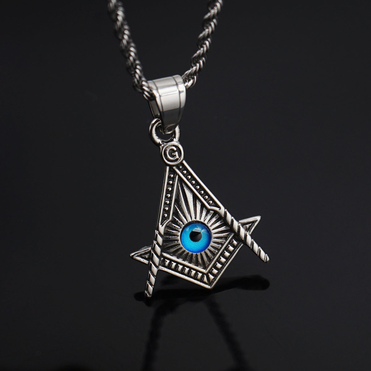 Master Mason Blue Lodge Pendant - Silver Titanium Steel Blue All Seeing Eye - Bricks Masons