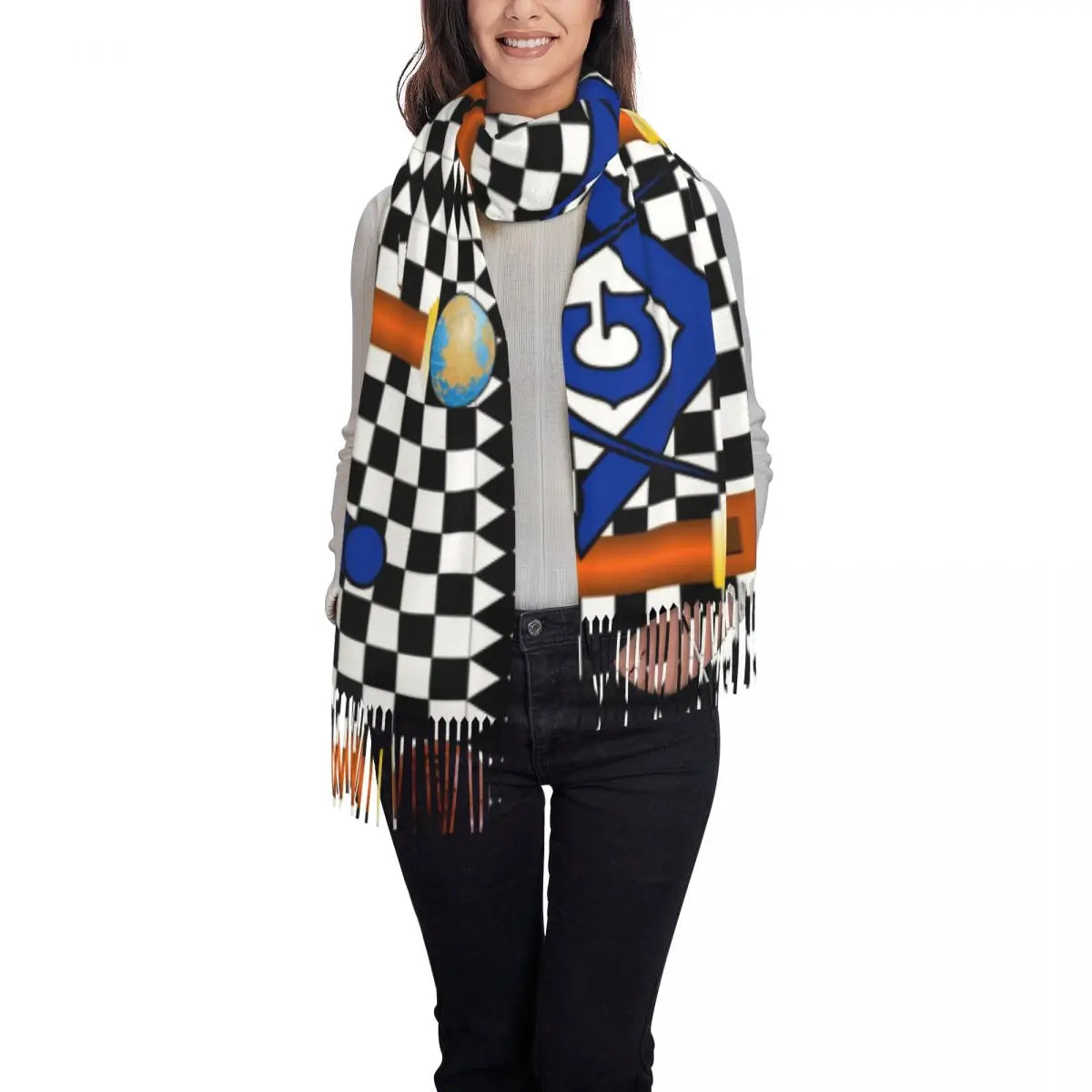 Master Mason Blue Lodge Scarf - Printed Lodge Design With Soft Tassels - Bricks Masons