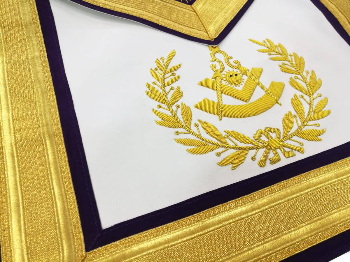 Past Master Blue Lodge Apron - Gold & Purple Hand Embroidery - Bricks Masons
