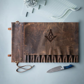 Master Mason Blue Lodge Knife Roll - Square & Compass G 10 Slot Custom Leather Roll - Bricks Masons