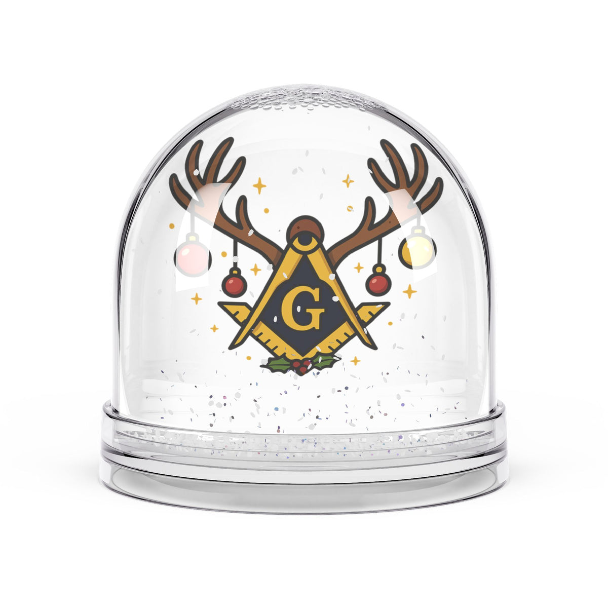 Master Mason Blue Lodge Snow Globe - Square & Compass with G Symbol Holiday Edition - Bricks Masons