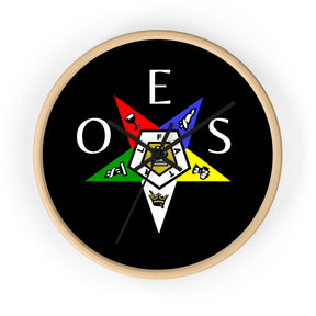 OES Clock - Colorful Star Emblem with OES Lettering on Wooden Frame - Bricks Masons