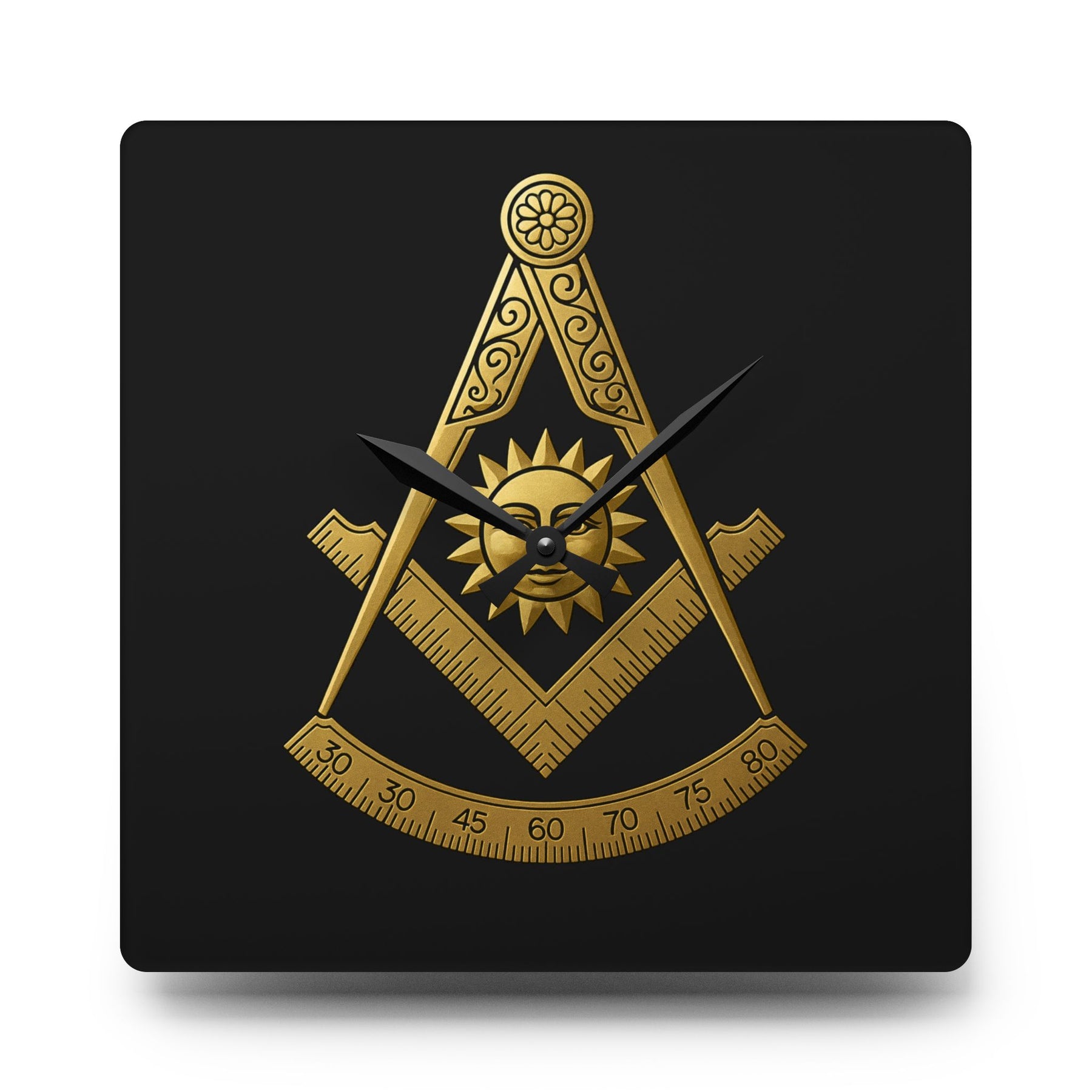 Past Master Blue Lodge Clock - Square Compass Sun & Quadrant Emblem on Clear Acrylic - Bricks Masons