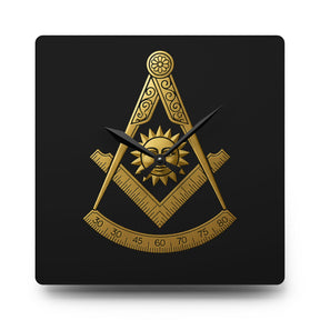 Past Master Blue Lodge Clock - Square Compass Sun & Quadrant Emblem on Clear Acrylic - Bricks Masons