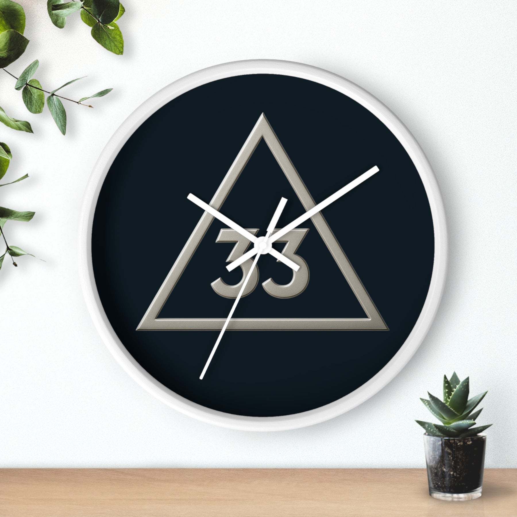33rd Degree Scottish Rite Clock - Silver Triangle with 33 on Wooden Frame - Bricks Masons