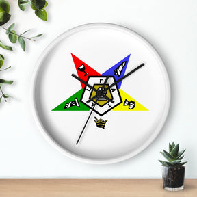OES Clock - White Dial with Star Emblem in Wooden Frame - Bricks Masons
