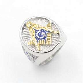 Master Mason Blue Lodge Ring - Blue Solid Stainless Steel With Gold Square & Compass G - Bricks Masons