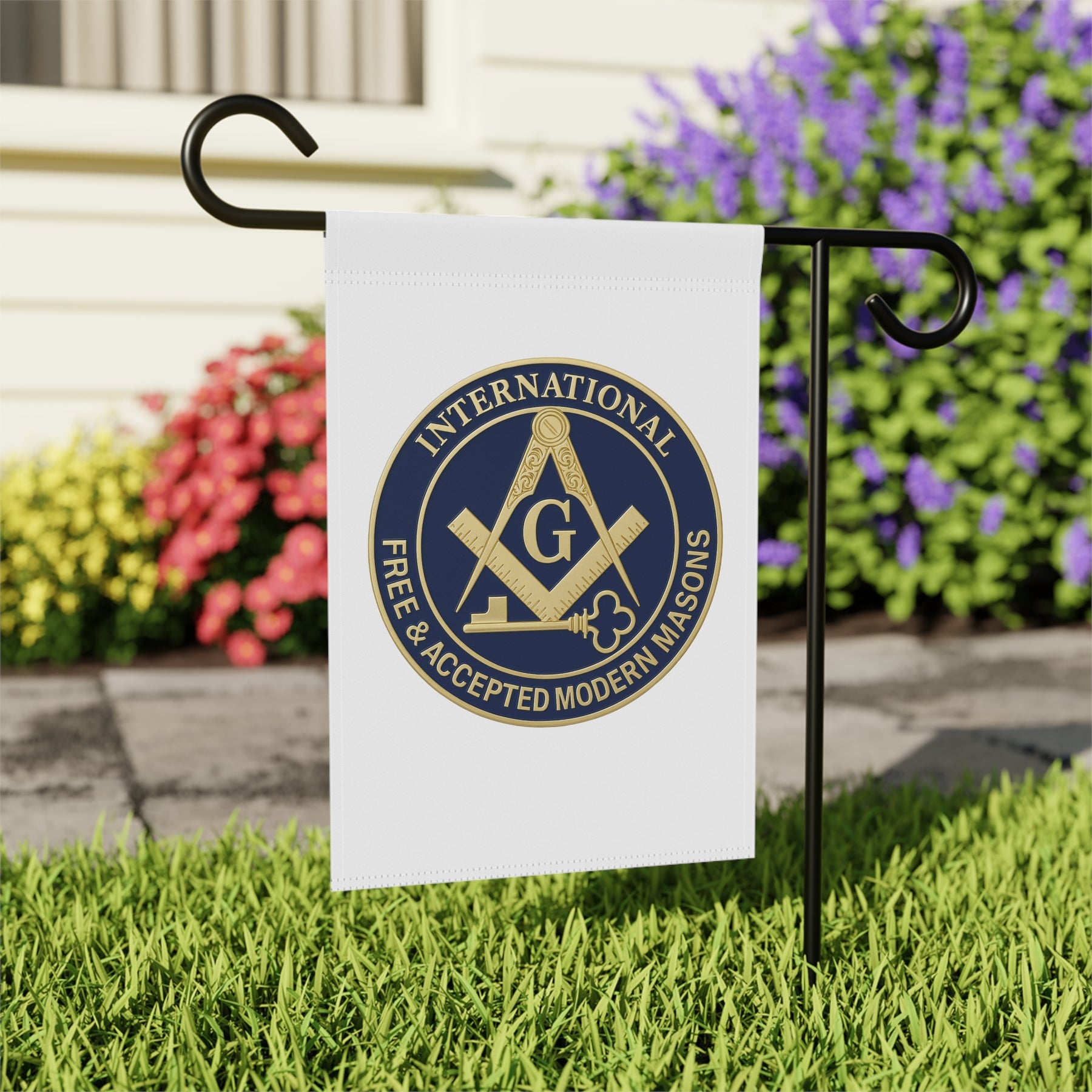 International Masons Yard Flag - White & Blue Printed Poly Poplin - Bricks Masons