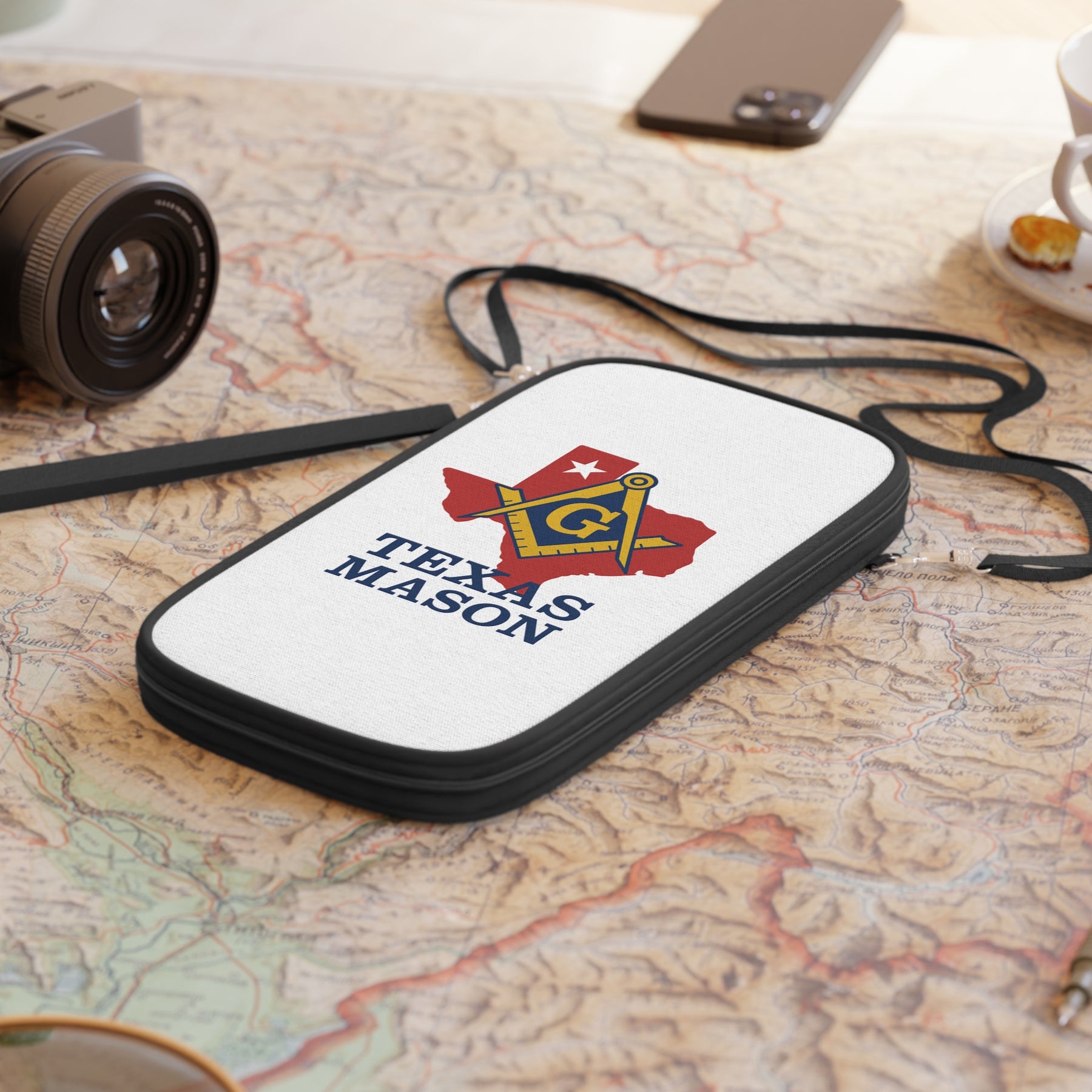 Master Mason Blue Lodge Passport Wallet - White Texas Mason With Shoulder & Wrist Strap - Bricks Masons