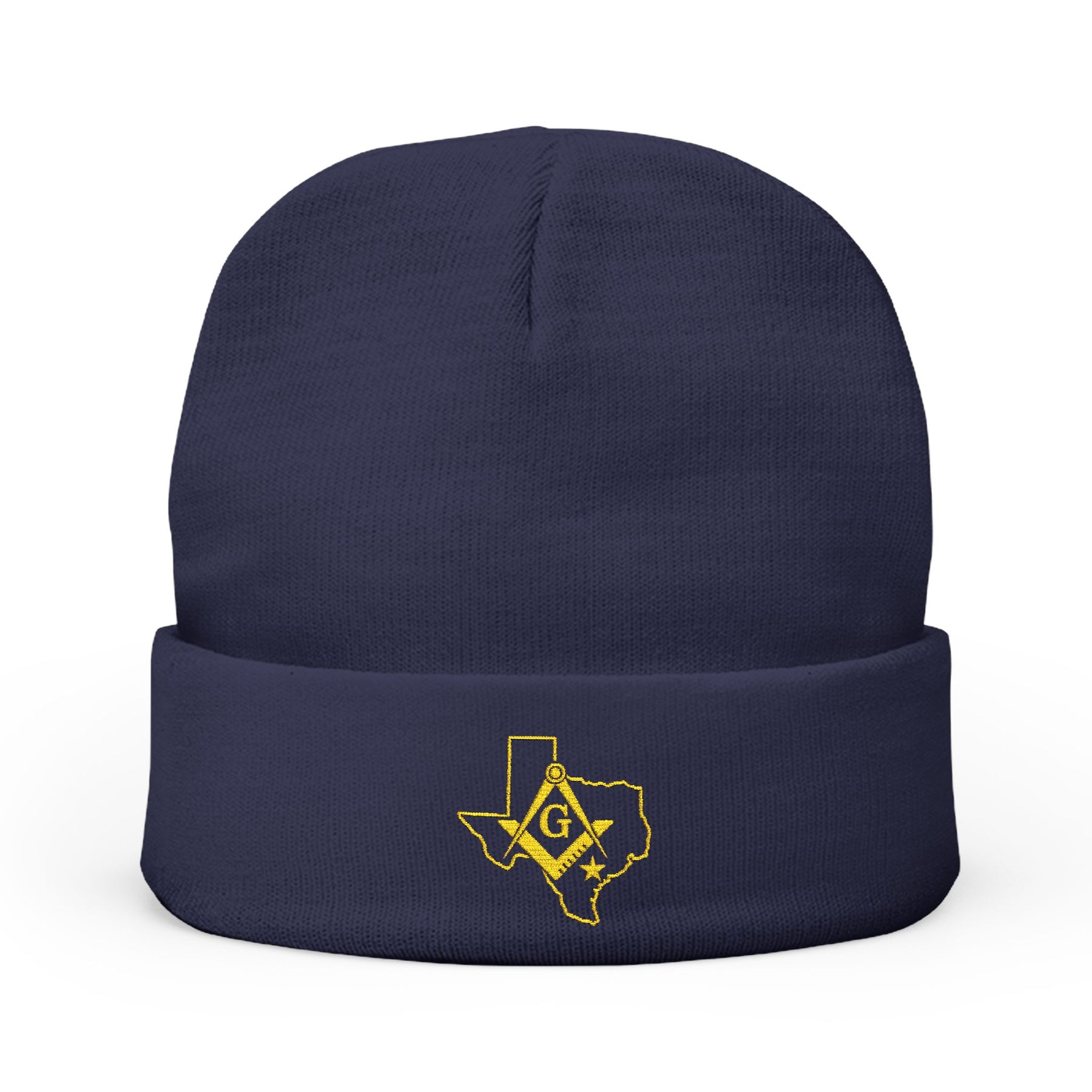 Master Mason Blue Lodge Beanie - Knit Embroidery Gold Square & Compass G Texas Mason - Bricks Masons