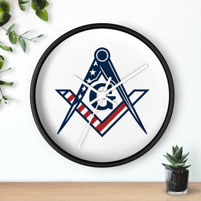 Master Mason Blue Lodge Clock - Square & Compass G with American Flag Design - Bricks Masons