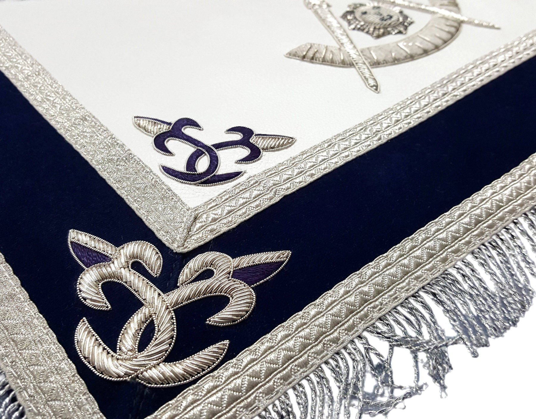 Past Master Blue Lodge Apron - Silver Bullion Hand Embroidery with Fringe