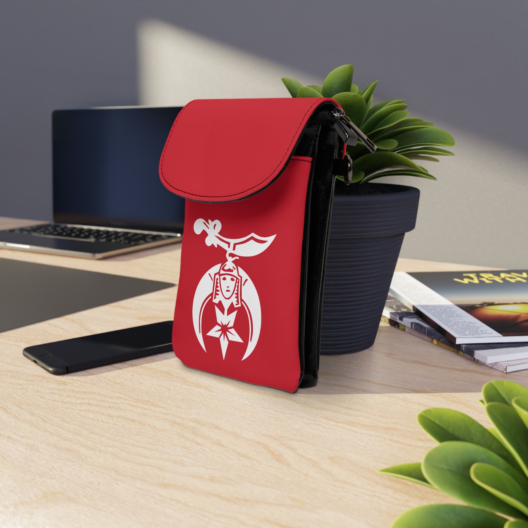 Shriners Cell Phone Wallet - Red Microfiber Leather With Adjustable Strap - Bricks Masons