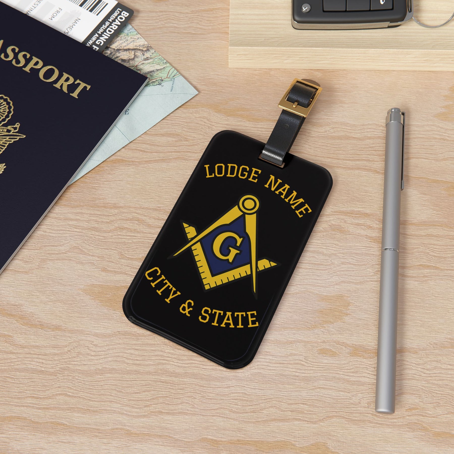 Master Mason Blue Lodge Luggage Tag - Personalizable Black S&C G With Black Leather Strap - Bricks Masons