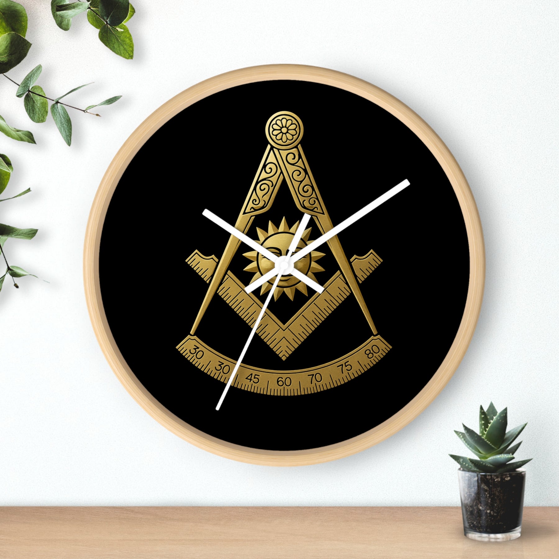 Past Master Blue Lodge Clock - Square Compass Sun & Quadrant Emblem on Wood Frame - Bricks Masons