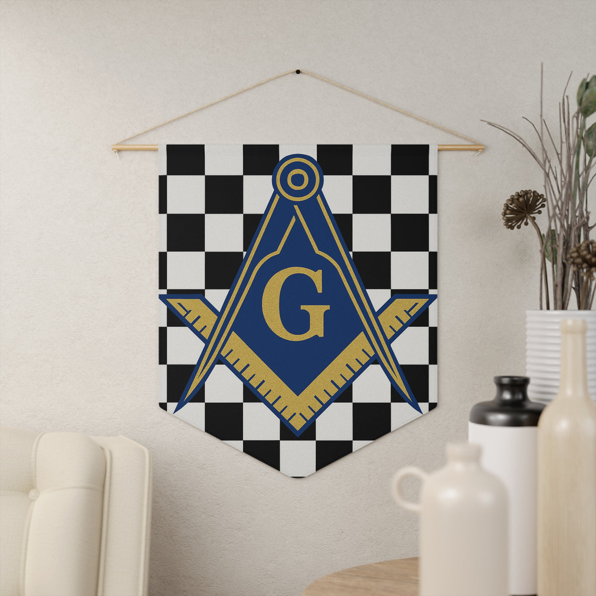 Master Mason Blue Lodge Pennant - S & C G Surrounded by Checkered Design - Bricks Masons