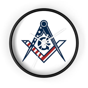 Master Mason Blue Lodge Clock - Square & Compass G with American Flag Design - Bricks Masons