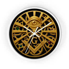 Master Mason Blue Lodge Clock - All Seeing Eye S&C Gear in Wooden Frame - Bricks Masons