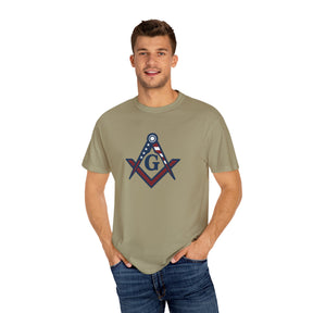 Master Mason Blue Lodge T-Shirt - Garment-Dyed USA Flag Mason - Bricks Masons