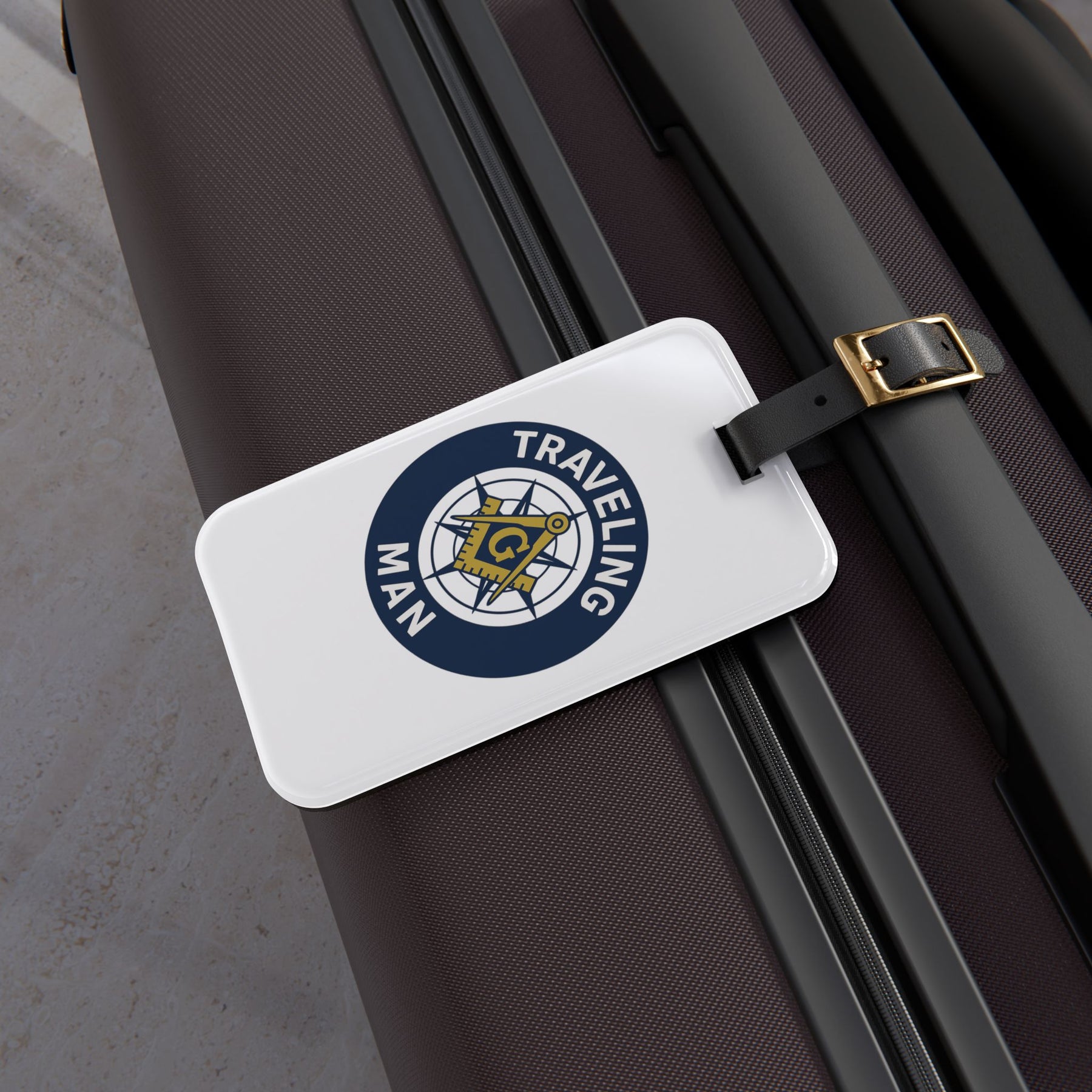Master Mason Blue Lodge Luggage Tag - Traveling Man With Black Leather Strap - Bricks Masons