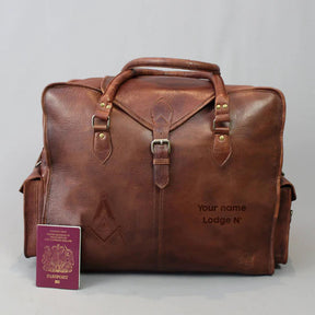 Master Mason Blue Lodge Travel Bag - Genuine Brown Leather - Bricks Masons
