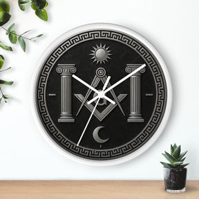 Master Mason Blue Lodge Clock - S&C with Pillars Sun & Moon on Wooden Frame - Bricks Masons