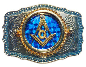 Master Mason Blue Lodge Belt Buckle  -  Blue Raised Square & Compass