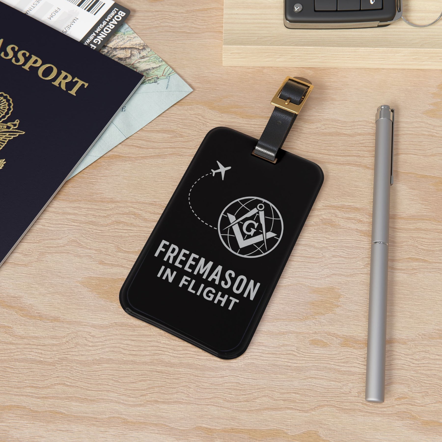Master Mason Blue Lodge Luggage Tag -  Freemason In Flight With Adjustable Leather Strap - Bricks Masons