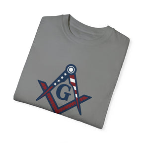 Master Mason Blue Lodge T-Shirt - Garment-Dyed USA Flag Mason - Bricks Masons
