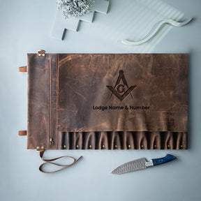 Master Mason Blue Lodge Knife Roll - S&C G 10 Slot Custom Leather Roll - Bricks Masons