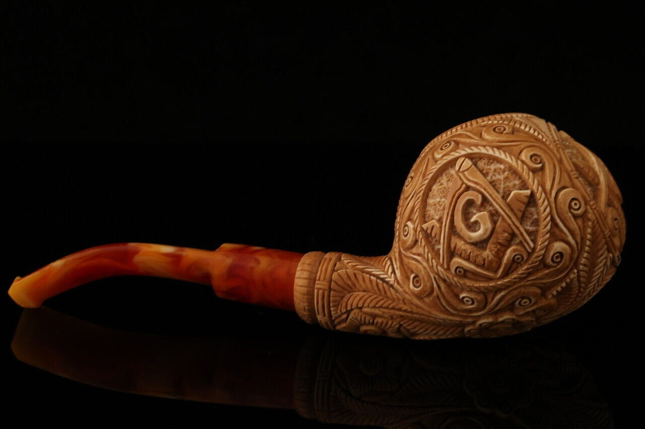 Master Mason Blue Lodge Meerschaum Pipe - Handcrafted With Square & Compass G - Bricks Masons