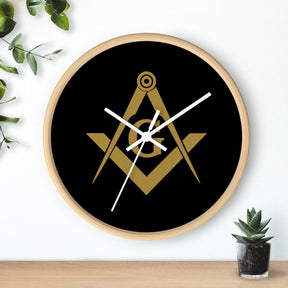 Master Mason Blue Lodge Clock - Shiny Golden S&C G on Black Dial - Bricks Masons