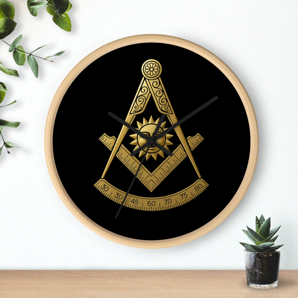 Past Master Blue Lodge Clock - Square Compass Sun & Quadrant Emblem on Wood Frame - Bricks Masons