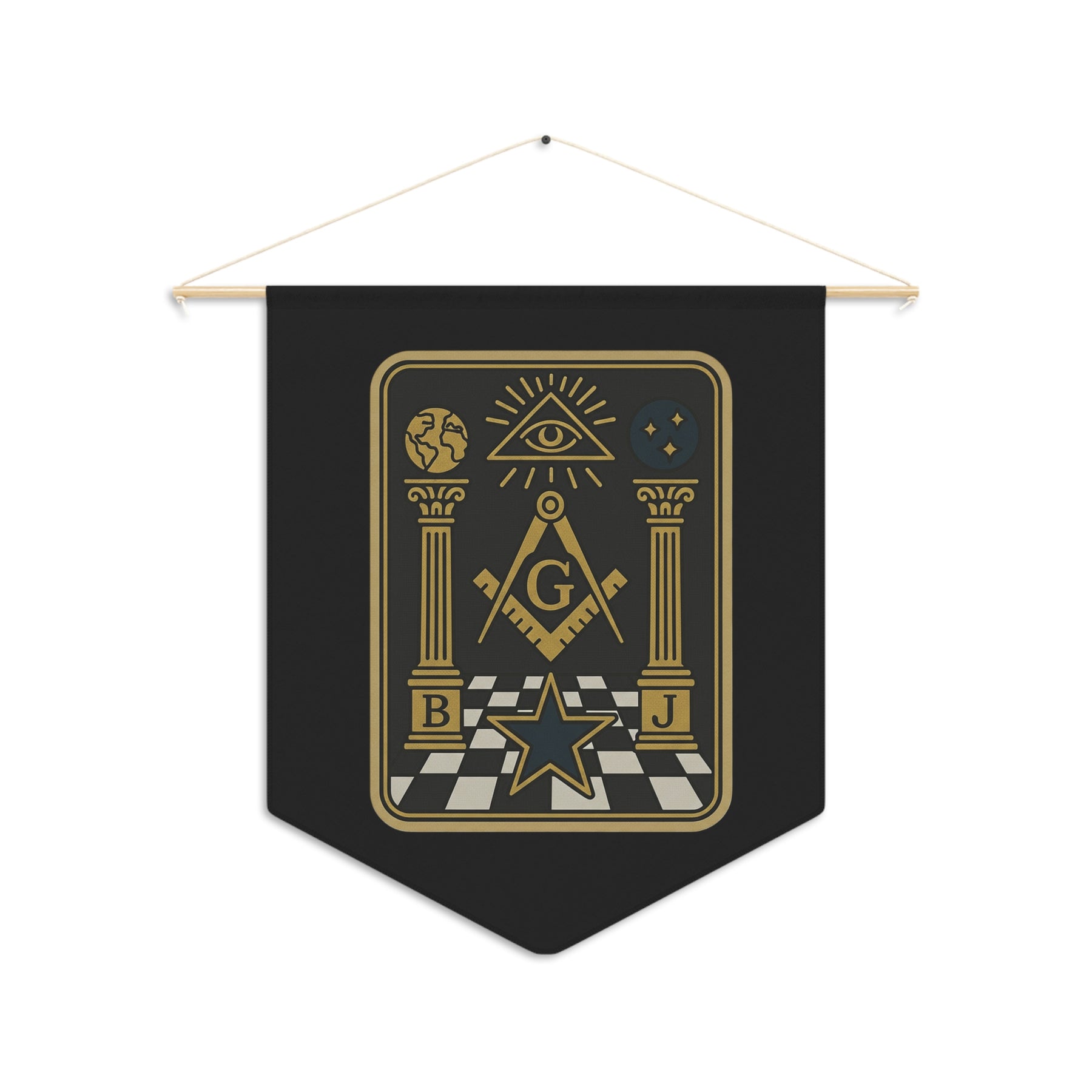 Master Mason Blue Lodge Pennant - Eye and Star S&C with Pillars on Checkered Floor - Bricks Masons