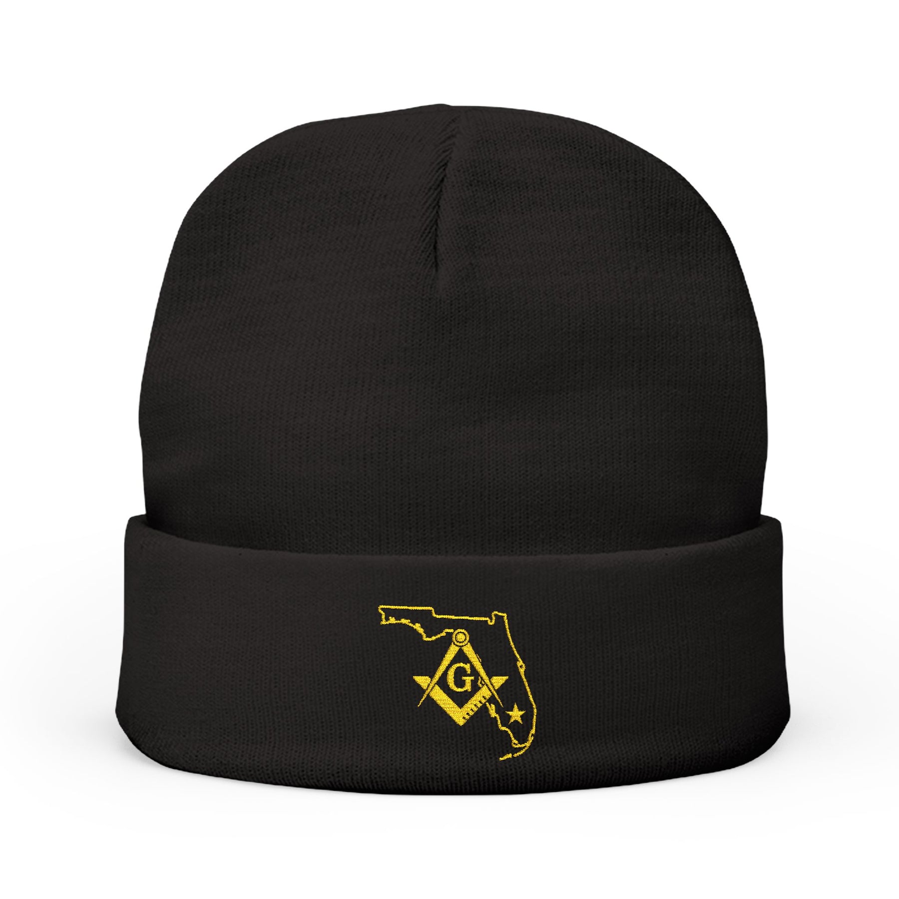 Master Mason Blue Lodge Beanie - Knit Embroidery Gold Square & Compass G Florida Mason - Bricks Masons