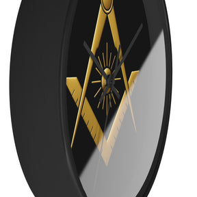 Master Mason Blue Lodge Clock - Golden S&C with Sun in Wooden Frame - Bricks Masons