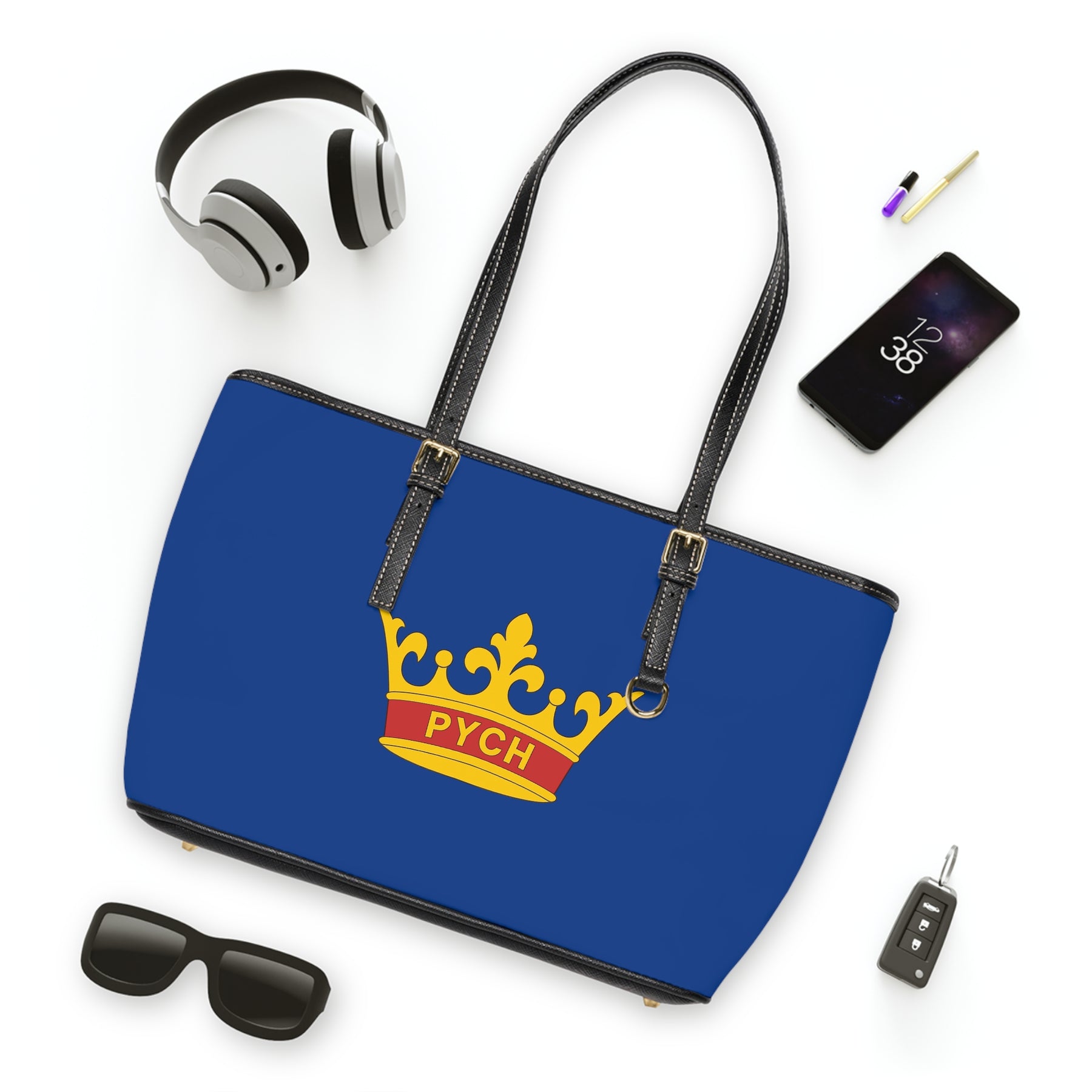 PYCH Handbag - Blue PU Leather Adjustable Handles - Bricks Masons
