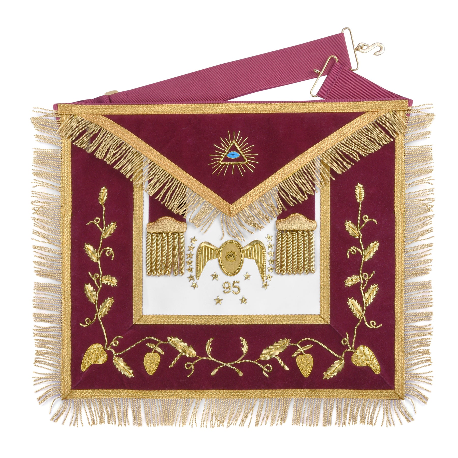 95th Degree Memphis Misraim Apron - Burgundy Velvet With Gold Hand Embroidery Bullion - Bricks Masons