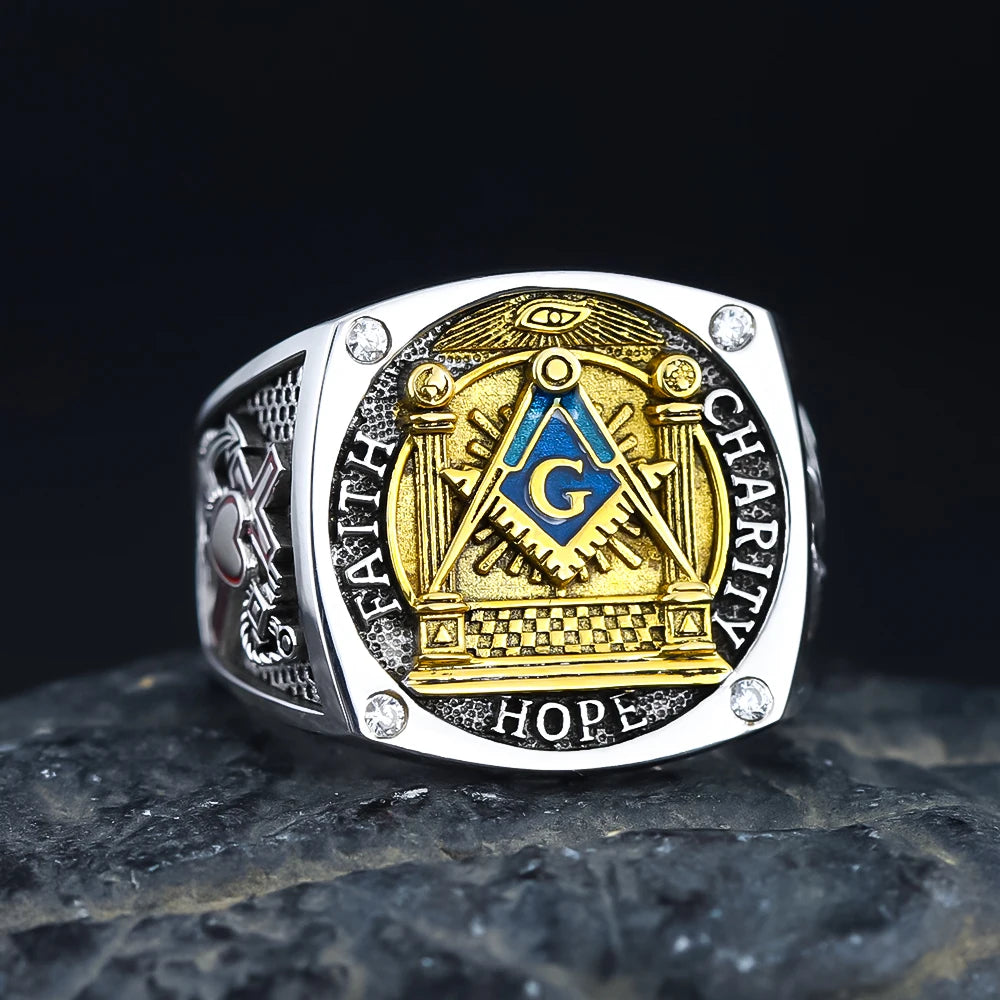 Anillo de la Logia Azul de Maestro Masón - Plata de ley Fe Esperanza y Caridad con S&amp;C G