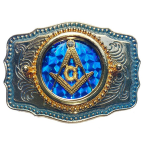 Master Mason Blue Lodge Belt Buckle  -  Blue Raised Square & Compass
