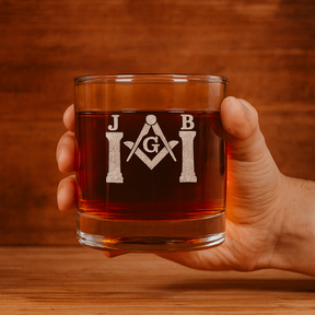 Vaso de whisky de la Logia Azul de Maestro Masón - Escuadra y compás con dos pilares J&amp;B