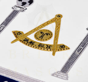 Past Master Blue Lodge Apron - Navy Velvet & Silver Bullion Hand Embroidery With Pillars - Bricks Masons