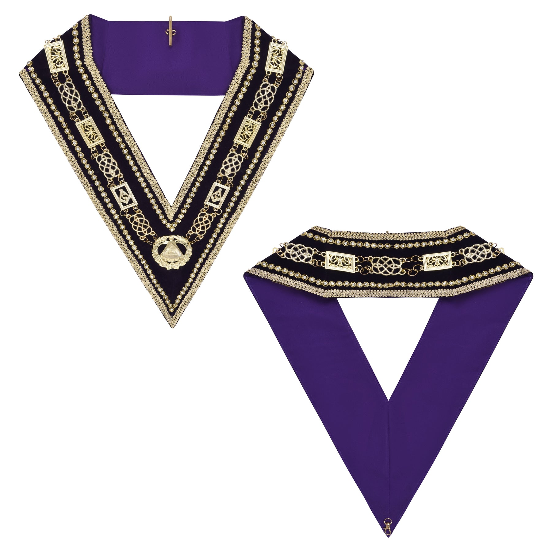 Grand Master Blue Lodge Chain Collar - Gold Plated Chain Purple Velvet - Bricks Masons