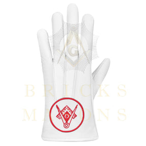 Master Mason Blue Lodge Gloves - White Leather Circular Red Square & Compass G Patch